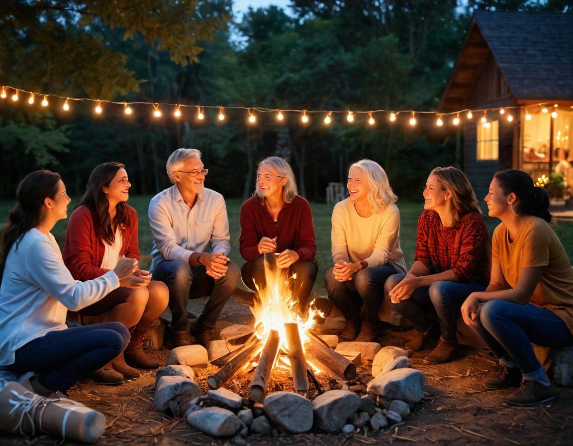 A diverse group of people of varying ages joyfully engaged in a community gathering, sharing laughter and stories around a bonfire, symbolizing love and trust. Soft, warm lighting illuminates their smiling faces, creating an inviting atmosphere. Incorporate heart-shaped decorations and a serene backdrop of nature to highlight connection. super-realistic. vibrant colors. warm tones.