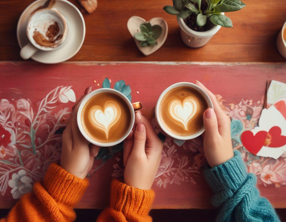 A cozy scene depicting two friends sharing a warm laugh over coffee, surrounded by soft, inviting colors. In the background, vibrant illustrations of intertwined hands symbolize trust and connection, while scattered heart motifs represent love and intimacy. The atmosphere is warm and inviting, suggesting deep emotional bonds. super-realistic. vibrant colors. soft focus.