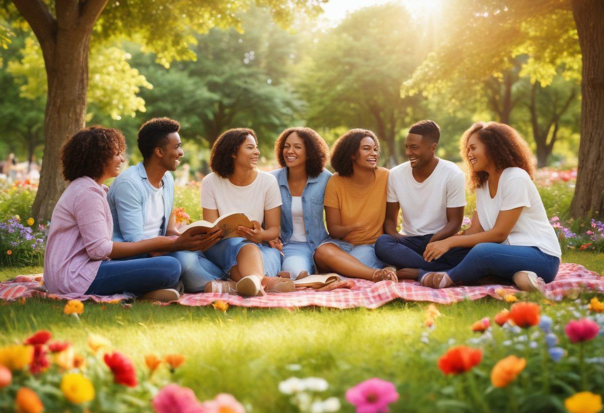 A warm, diverse group of people laughing and embracing in a sunlit park, surrounded by colorful flowers and trees, symbolizing love and support. Include elements like shared activities: a picnic, a book club, and children playing, highlighting connection and community. Soft lighting enhances the sense of warmth and togetherness. super-realistic. vibrant colors. natural background.